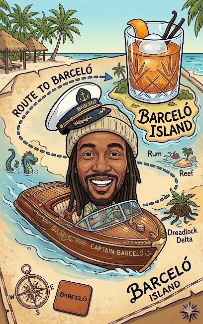 Barceló-themed caricature on a captain's boat heading to Barceló Island