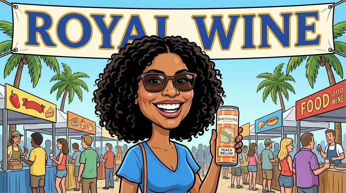 Tropical festival caricature of a guest holding a Bartenura Peach Bellini