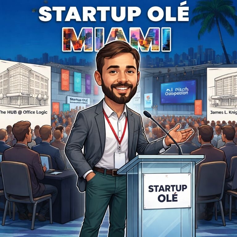 Startup Olé Miami caricature at a podium with a pitch competition backdrop